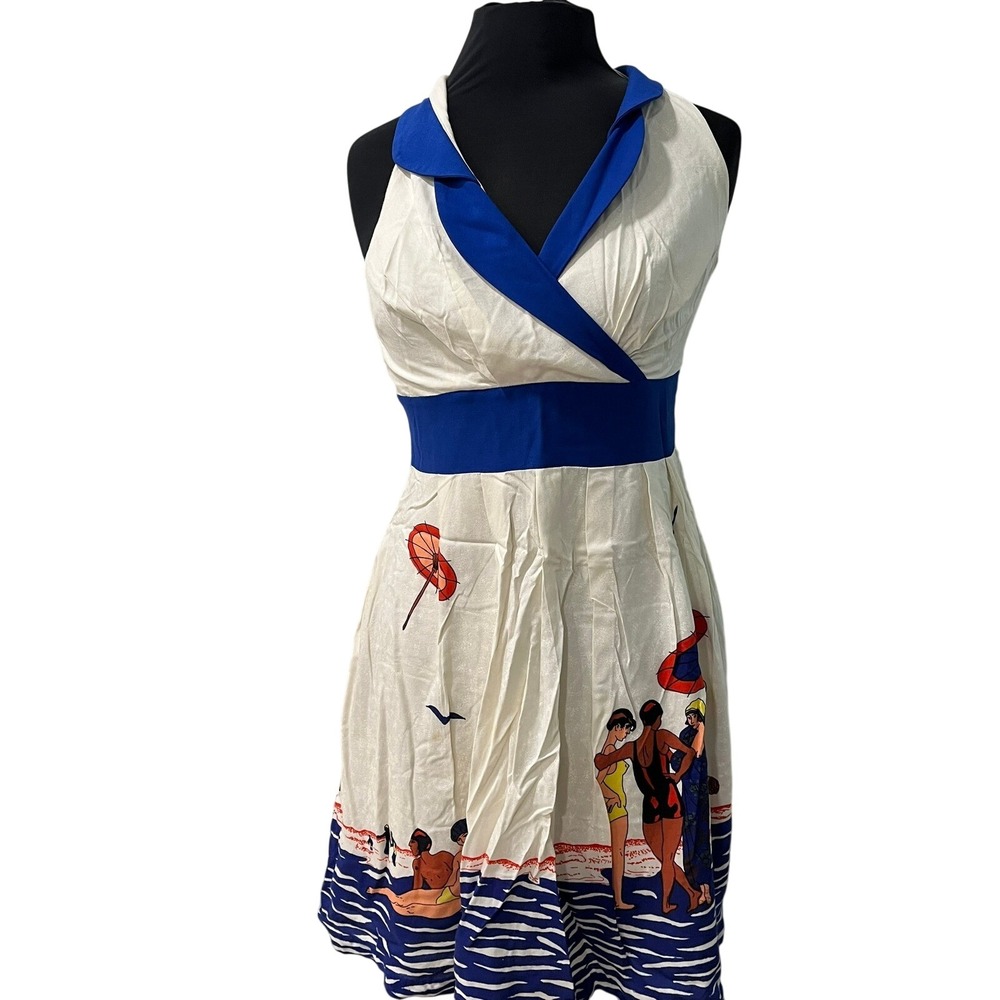 Eva Franco‎ Beach Scene Novelty Print Halter Dress Blue White Cotton Size 6